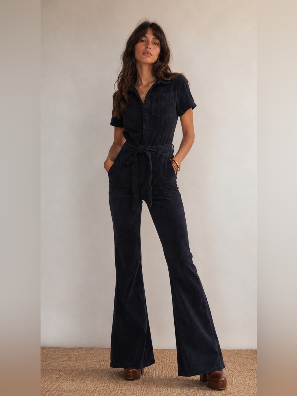 The Habitual Short Sleeve Flare Corduroy Jumpsuit flare leg 70s vibe .
